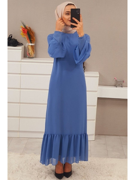 Sleeves Pleated Skirt Chiffon Dress -Blue
