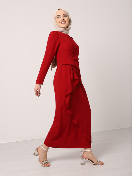 Asymmetrical Crepe Dress with Front Allery Skirt  -Maroon