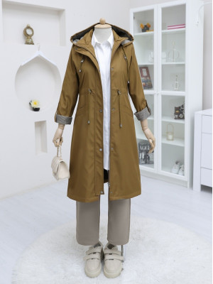 Snap Fastener Zippered Hooded Trench Coat -Snuff