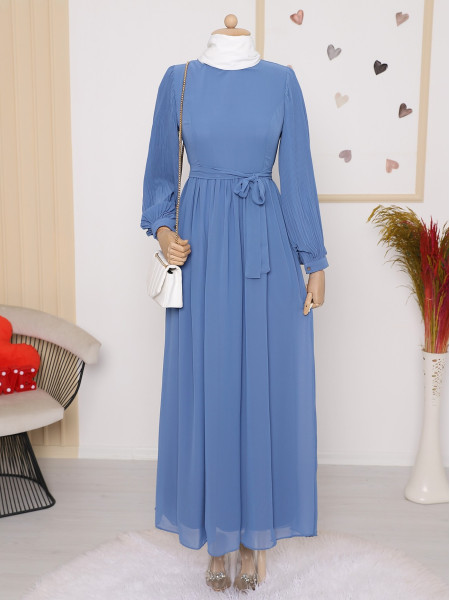 Sleeves Pleated Detailed Front Cup Chiffon Dress -İndigo