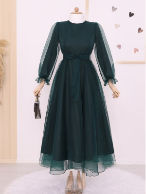 Belted Tulle Evening Dress with Fluffy Sleeves and Skirt -Emerald