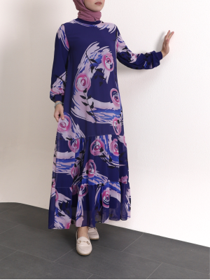 Yakası Ribanalı Eteği Katlı Desenli Şifon Elbise -Mor