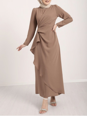 Asymmetrical Crepe Dress with Front Allery Skirt -Mink color