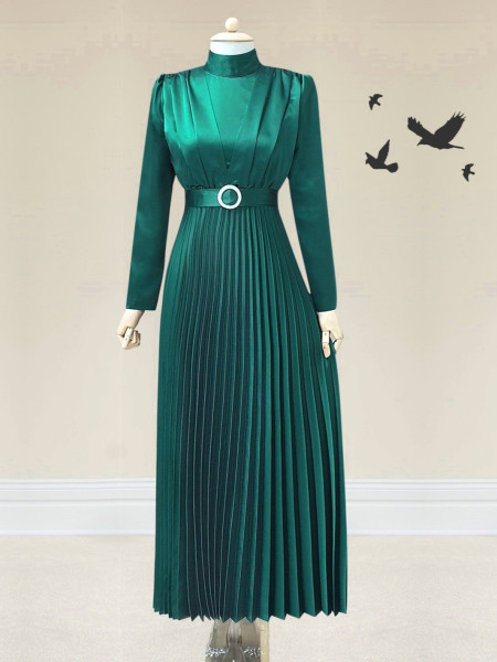 Ruched Collar Pleated Evening Dress with Front Shirring Detail -Emerald
