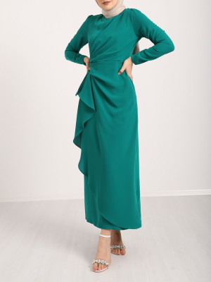 Asymmetrical Crepe Dress with Front Allery Skirt  -Emerald