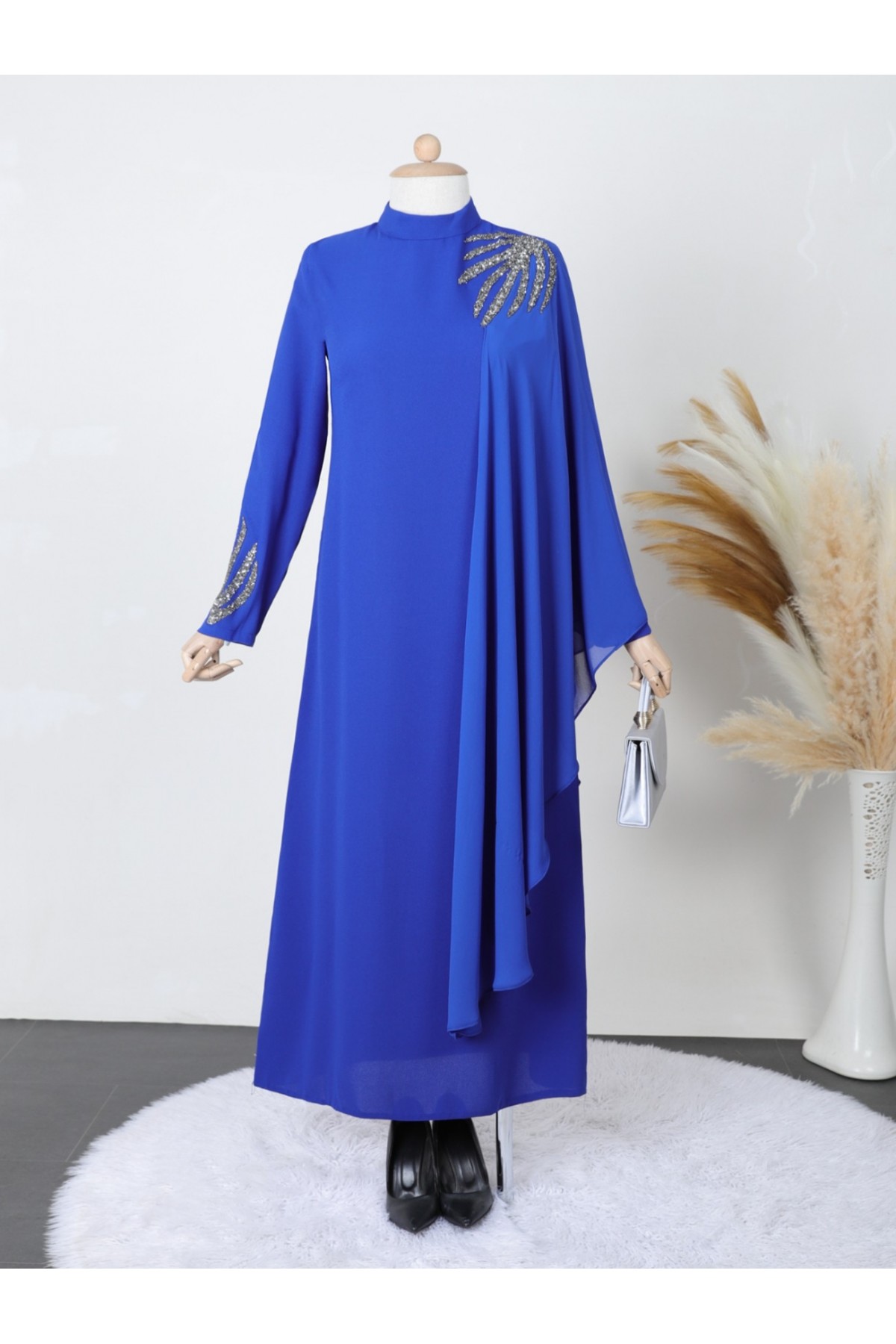 Chiffon Detailed Crepe Dress with Stones on Shoulders and Sleeves -Saxe 
