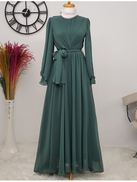 Long Chiffon Dress With Elastic Sleeves and Pleated Front -Green