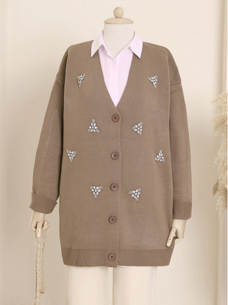 Buttoned Stone Detailed Knitwear Cardigan  -Brown