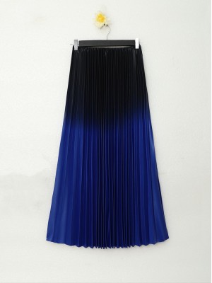 Gradient Color Gradient Pleated Lacquered Skirt  -أزرق شامي