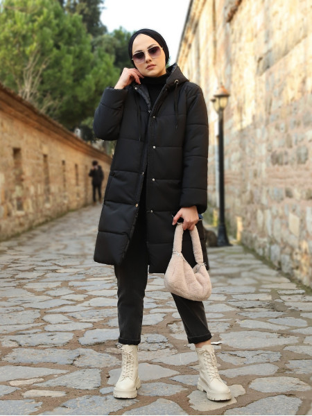 Zippered Hooded Quilted Coat -Black