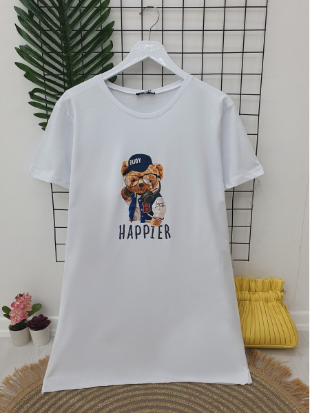 Slit Teddy Bear Printed Tshirt -White