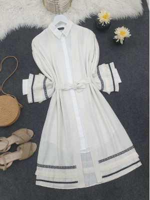 Belted Linen Kimono with Tassels on the Sleeve and Skirt -White