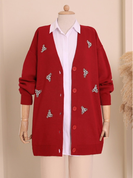 Buttoned Stone Detailed Knitwear Cardigan  -Red