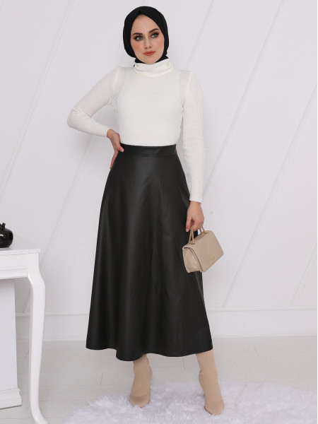 Flared Plain Leather Skirt -Black