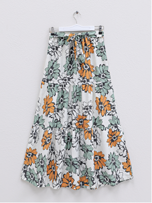 Patterned Belt Elastic Waist Linen Skirt -Green