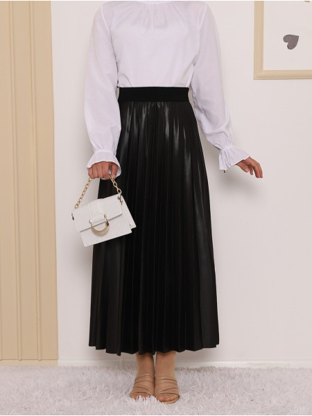 Elastic Waist Pleated Skirt -Black