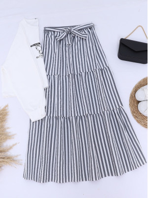Printed Sweet Skirt Striped Belted Set -Black