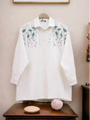 Front Stone Embroidered Linen Shirt -Sea green