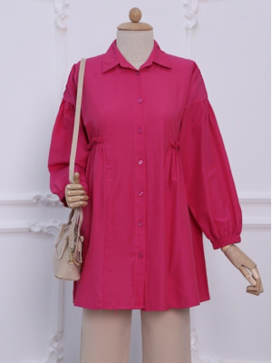 Buttoned Tunic with Pleated Waist and Elastic Sleeves -Fuchsia