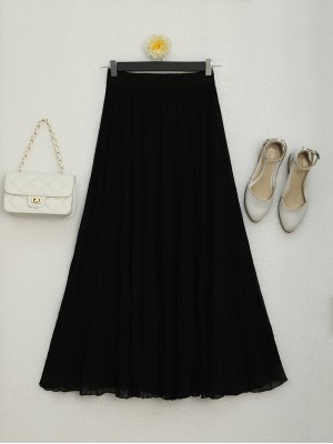Stretch Lined Loose Cut Chiffon Skirt  -Black