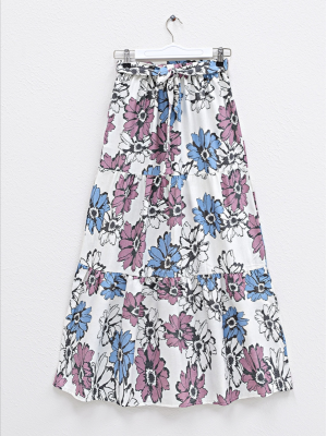 Patterned Belt Elastic Waist Linen Skirt -İndigo