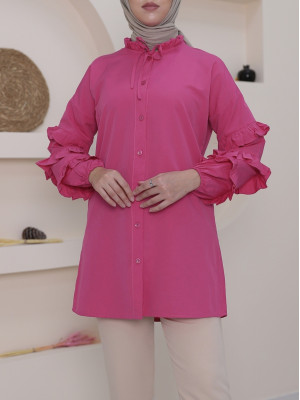 Lace-up Collar Tunic with Ruffled Buttons with Layered Sleeves -Fuchsia