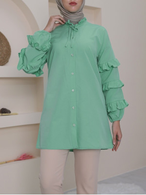 Lace-up Collar Tunic with Ruffled Buttons with Layered Sleeves -SPRING GREEN