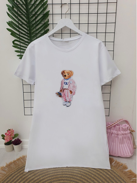 Slit Teddy Bear Printed Tshirt -White