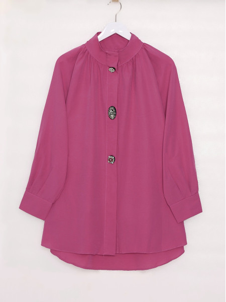 Judge Collar Front Stone Brooch Detailed Shirt -Pink