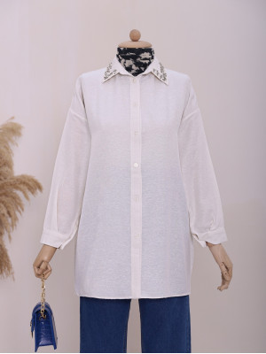 Button Down Linen Shirt with Pearls and Stones on the Collar -Ecru