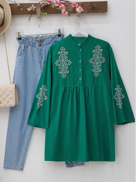 Half Button Embroidered Linen Tunic -Green