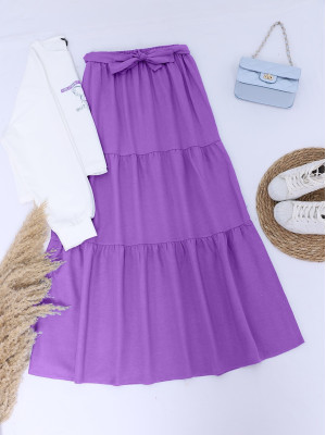 Printed Skirt Part Belted Set  - Purple