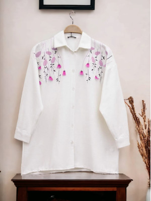 Front Stone Embroidered Linen Shirt -Fuchsia