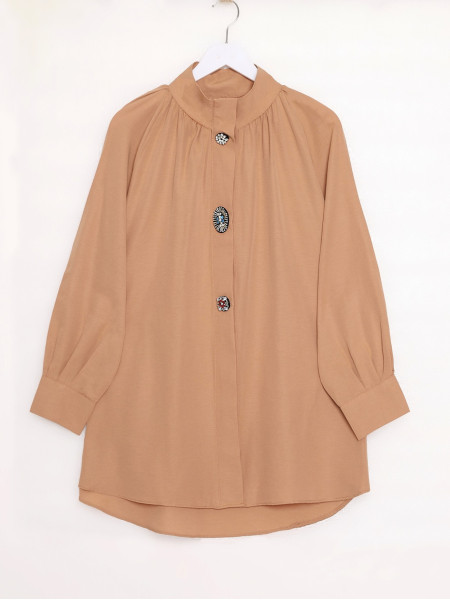 Judge Collar Front Stone Brooch Detailed Shirt -Mink color