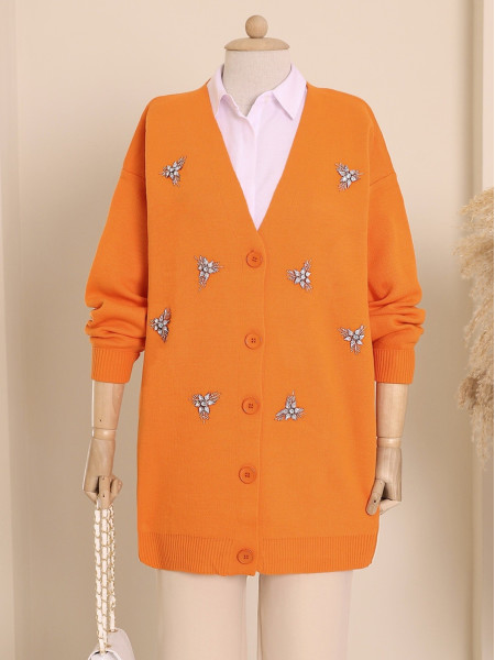 Buttoned Stone Detailed Knitwear Cardigan  -Orange