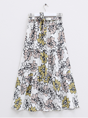 Patterned Belt Elastic Waist Linen Skirt -Powder