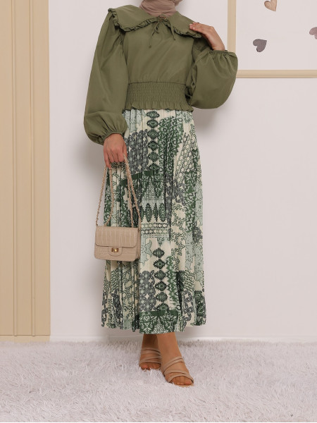 Elastic Waist Digital Print Skirt -Green