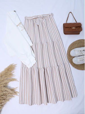 Printed Sweet Skirt Striped Belted Set  - Beige