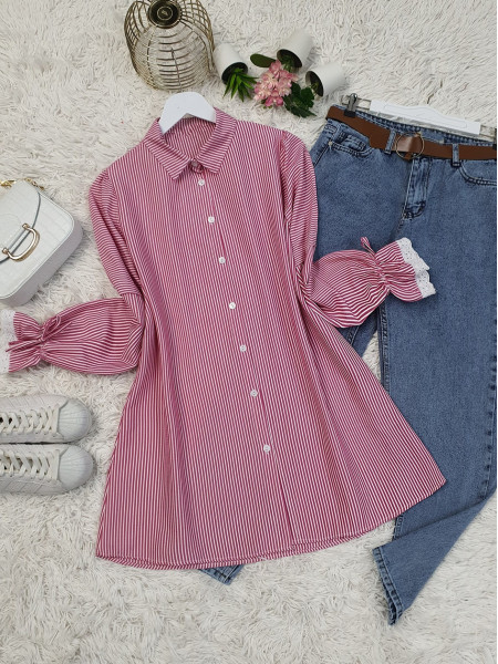 Striped Seeer Shirt with Elastic Sleeves -Pink