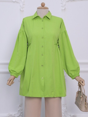 Buttoned Tunic with Pleated Waist and Elastic Sleeves -Apple Green