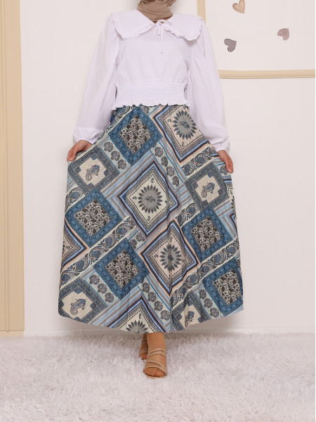 Elastic Waist Digital Print Skirt -Blue