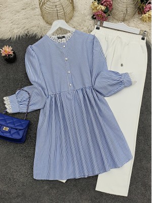 Half Buttoned Lace Striped Shirt -Blue