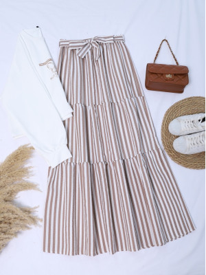 Printed Sweet Skirt Striped Belted Set  -Light coffee