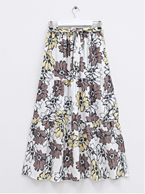 Patterned Belt Elastic Waist Linen Skirt -Brown