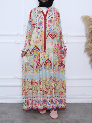 Parça Kumaş Sulu Desen Patlı Elbise -Pembe