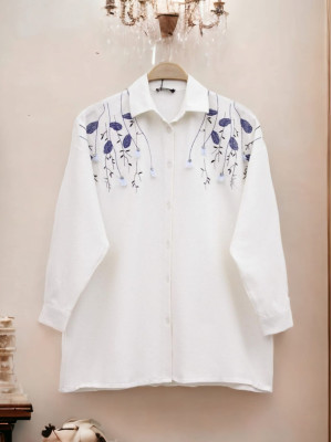 Front Stone Embroidered Linen Shirt -Navy blue