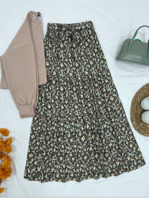 Crispy Floral Pattern Belt Pieced Linen Skirt   -Brown