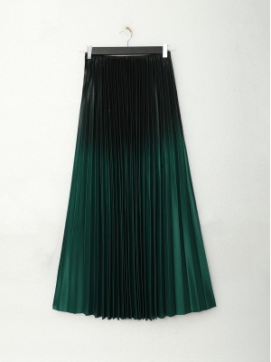 Gradient Color Gradient Pleated Lacquered Skirt  -Emerald