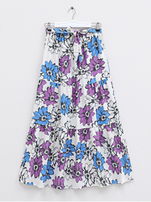 Patterned Belt Elastic Waist Linen Skirt - Purple