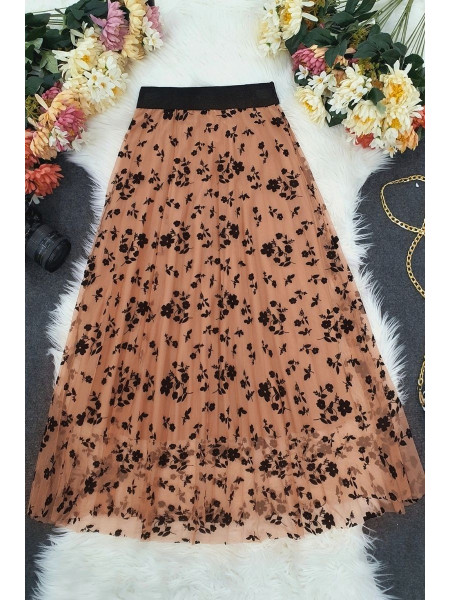 Tulle Printed Elastic Skirt -Salmon